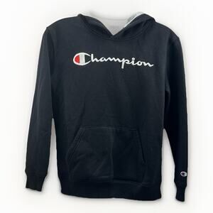Champion Youth Hoodie Medium (10/12) Black Pullover Fleece Logo Sweatshirt